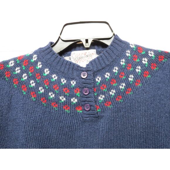 Vintage Currants by Jeri-Jo Button Floral Yoke Navy Blue Red Sweater Size Medium - Picture 2 of 5
